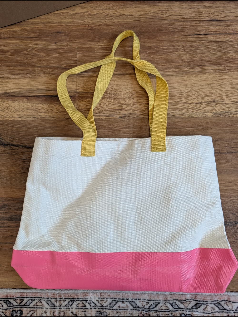Benefit Beauty Cream Canvas Tote with Pink Base and Yellow Straps Ladies Faces - Picture 5 of 9